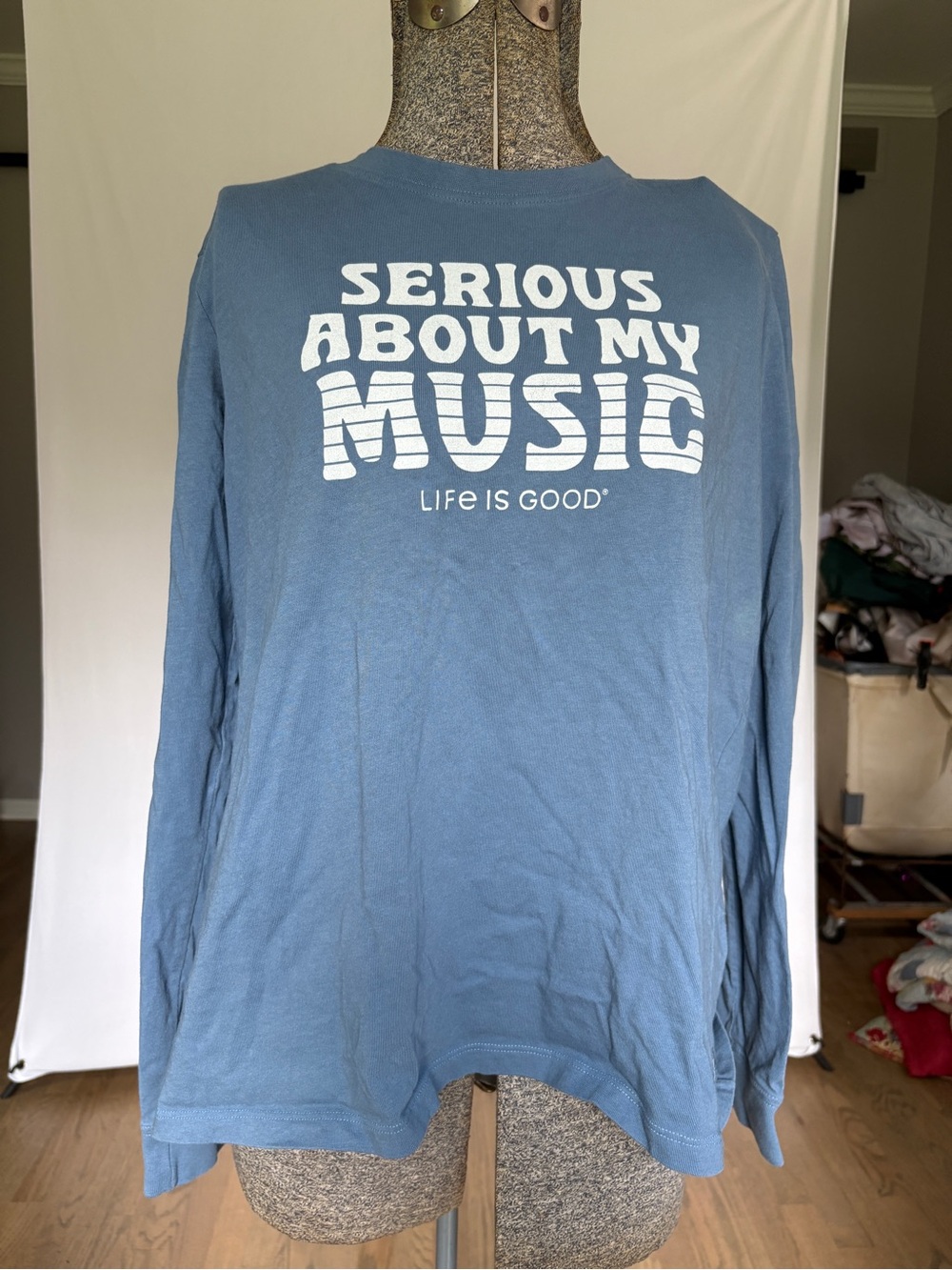 Life Is Good Men’s Long Sleeve Shirt - Dusty Blue with White Graphic